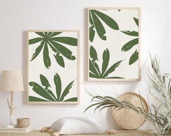 Green Leaf Prints, Set of 2 Prints, Printable Wall Art, Tropical Leaf Print, Botanical Wall Art, Gallery Art Set, Instant Download