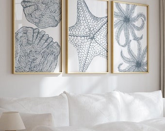 May include: A white sectional sofa with a white throw blanket on a chair in front of it. The sofa is in a living room with a large window and three framed prints of sea life on the wall. The prints are in gold frames and feature black and white illustrations of starfish and other sea creatures.