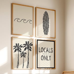 Neutral Coastal Wall Art, Beach Prints, Surf Art, Set of 3 Prints, Surfboard Print, Locals Only, Palm Trees Print, Printable Wall Art