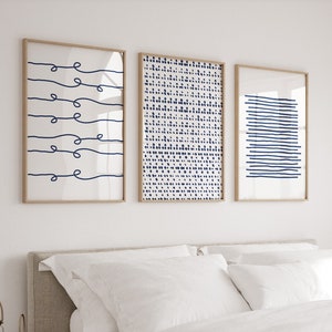 Arte abstrata em azul índigo, conjunto de 3 impressões, parede abstrata para impressão, pôsteres azuis, arte minimalista, arte linear, decoração de quarto de adolescente, download