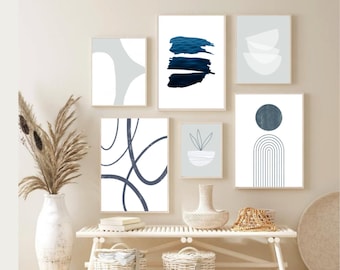 Printable Wall Art, Abstract Gallery Wall, Set of 6 Prints, Printable Gallery Wall Art, Navy And Gray Wall Art, Modern Beach Art, Download