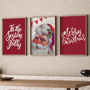 Christmas Wall Art, Tis the Season, Merry Christmas Print, Set of 3 Prints, Christmas Posters, Red Christmas, Vintage Santa, Downloadable