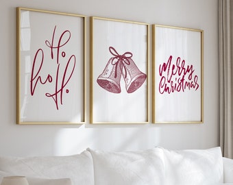 Impresiones navideñas rojas, conjunto de 3 arte de pared navideño, cartel de feliz Navidad, Hohoho imprimible, arte de pared navideño, descargable digital