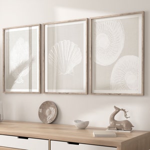 K&ouml;nnte beinhalten: Drei gerahmte Drucke mit beigefarbenem Hintergrund und wei&szlig;en Illustrationen von Muscheln. Die Drucke h&auml;ngen an einer wei&szlig;en Wand &uuml;ber einem hellen Holz-Konsolentisch mit drei wei&szlig;en Schubladen. Eine kleine Hirschfigur und eine Schale stehen auf dem Tisch.