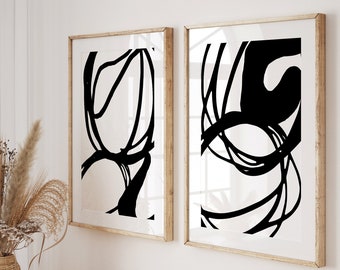 Black Abstract Art, Set of 2, Black and White Prints, Modern Abstract Art, Minimalist Abstract Prints, Black Line Art, Printable Art