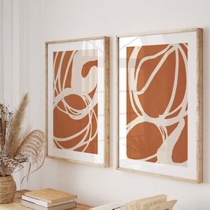 Burnt Orange Wall Art, 2 Piece Set, Boho Abstract Prints, Terracotta Art, Mid Century Modern Art, Digital Prints Download Trendy