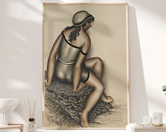 Vintage Woman in Bathing Suit Painting, Vintage Beach Art, Neutral Beach Print, Beige and Black Artwork, Figurative Art,  Printable Wall Art