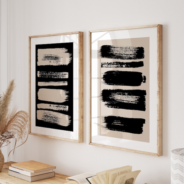 Black and Beige Wall Art, Black Abstract Prints, Set of 2 Prints, Brush Stroke Art, Modern Wall Decor, Abstract Painting, Printable Art