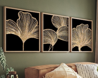 Black and Gold Wall Art , Set of 3 Prints, Botanical Leaves Art, Floral Leaf Prints, Living Room Posters, Printable Modern Art, Download