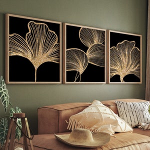 Black and Gold Wall Art , Set of 3 Prints, Botanical Leaves Art, Floral Leaf Prints, Living Room Posters, Printable Modern Art, Download
