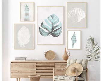 Coastal Gallery Wall, Set of 5 Prints, Beach Wall Art, Modern Beach Art, Coastal Wall Decor, Boho Beach Prints, Blue Coastal Art, Download