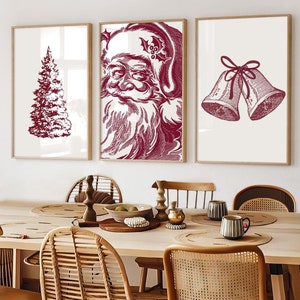 Christmas Prints, Christmas Wall Art, Set of 3 Prints, Santa Print, Christmas Tree, Holiday Decor, Red Christmas Posters, Printable Art