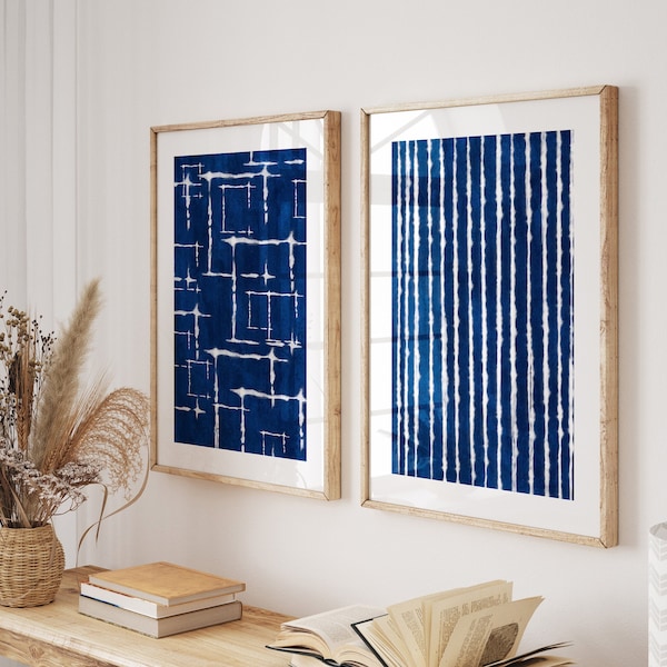 Indigo Blue Wall Art, Shibori Prints, Set of 2, Tie Dye Artwork, Blue Abstract Printable Art, Indigo Poster, Boho Decor, Teen Bedroom Art,