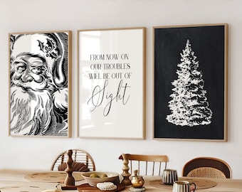 Christmas Printable Art, Black and White Christmas Prints, Vintage Santa Print, Set of 3 Prints, Christmas Posters, Christmas Downloadable