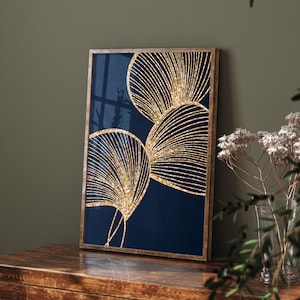 Navy Blue and Gold Wall Art, Botanical Art, Floral Leaf Prints, Line Art Botanicals,Living Room Posters, Printable Modern Art, Nursery Art