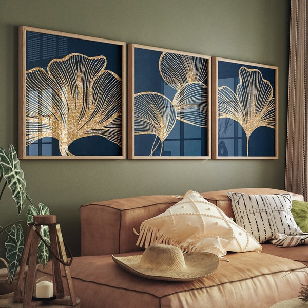 Art mural bleu marine et or, ensemble de 3 estampes, Art des feuilles botaniques, imprimés de feuilles florales, affiches de salon, art moderne imprimable, téléchargement