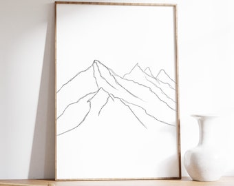 Impresión de montaña, Arte de la pared de la montaña, Arte dibujado en línea, Boceto de la naturaleza, Impresión minimalista de la montaña, Imprimible de la montaña, Descarga digital