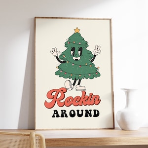 Impresión navideña retro, arte mural navideño, rockeando alrededor del árbol de Navidad, impresiones navideñas geniales, arte navideño de los años 70, descarga digital