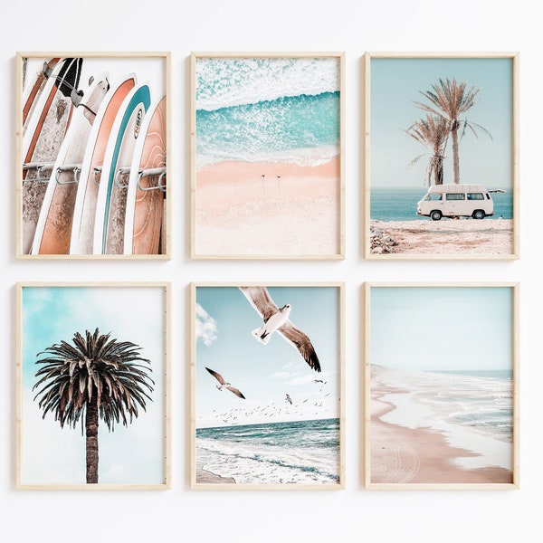 Coastal Wall Art, Modern Beach Prints,  Beach Art Print, Pastel Beach Photos, Boho Beach Art, Surfboard Art, Ocean Coastline, Printable Art