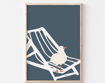 Art d'oiseau côtier, impression d'oiseau de plage, art de chaise de plage, impression de plage de Boho, art côtier de pépinière, art de mouette, affiche d'oiseau, art de mur imprimable
