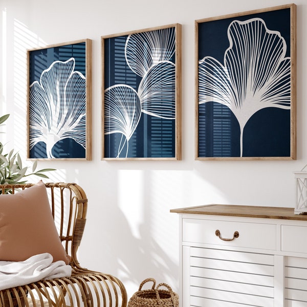 Navy blue and white wall art, Botanical Leaves Print, 3 Piece Set, Coastal Farmhouse Decor, Modern Beach House, Printable Gallery Posters