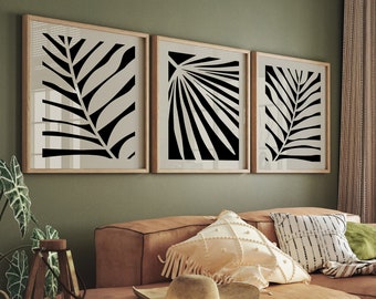 black and beige wall art, Set of 3 Prints, Botanical Leaves Art, Floral Leaf Prints, Living Room Posters, Printable Scandi Art, Download