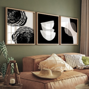 Black and White Wall Art,  Black Abstract Prints, 3 piece set, Masculine Art, Living Room Art, Gallery Wall, Modern Poster, Printable Art