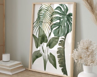 Tropical Leaves Print, Green Leaf Wall Art, Boho Botanical Print, Tropical Wall Art, Palm Leaf Poster, Banana Leaf Print, Printable Download