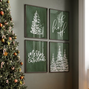 Green Christmas Prints, Printable Christmas Wall Art, 4 Piece Wall Art Set, Christmas Digital Download, Vintage Christmas Wall Art