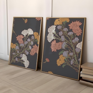 Wandkunst Blumen, Kokette Drucke, Botanische Drucke, 2er-Set Drucke, Wildblumen Drucke, Dunkel Blumenmuster, Bunte Blumen, printable Art