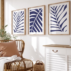 Blue and White Wall Art, Set of 3 Prints, Botanical Leaves Art, Floral ...