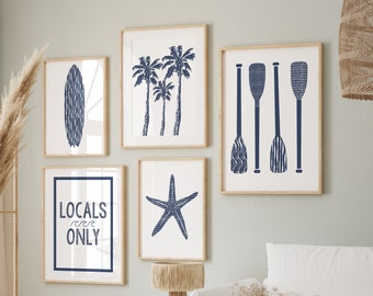 Arte de parede costeira, parede de galeria de praia, conjunto de 5 estampas, estampas oceânicas, decoração náutica, estampas costeiras, arte praiana, arte de parede para impressão