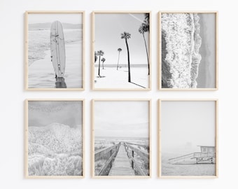 Wydruki plażowe, Galeria sztuki ściennej plażowej, Czarno-białe wydruki nadmorskie, Fotografia plażowa, Palma, Sztuka desek surfingowych, Plakaty do druku