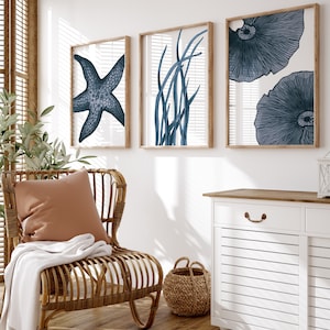 Blue Beach Wall Art, 3 Piece Set, Coastal Decorating, Ocean Artwork, Starfish Print, Hamptons Decor, Beach House Art, Printable Beachy