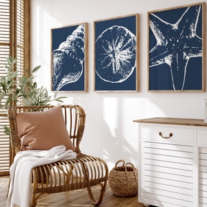 Beach Wall Art, Set of 3 Prints, Coastal Art, Navy Blue Prints, Ocean Theme Art, Starfish Art, Coastal Bedroom Decor, Instant Download