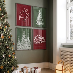 Red and Green Christmas Prints, 4 Piece Gallery Wall Set, Vintage Christmas wall art, Christmas Wall Art, Christmas Signs, Digital Download
