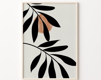 Boho Botanical Wall Art, Black Leaf Art, Abstract Leaf Print, Mid Century Boho Art, Earthy Tone, Minimal Botanical Print, Printable Download