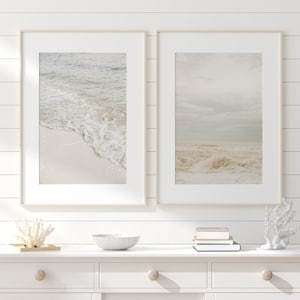 Neutral Boho Beach Art, Set of 2 Prints, Coastal Wall Art, Beach House Art, Hazy Beach Photograph, Crashing Waves, Pampas Art, Printable Art