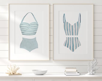 Vintage Swimsuit Prints, Bathing Suit art, Set of 2, Beach House Decor, Swimsuit Wall Art, Beach Bathroom Art, Retro Swimsuit, Printable Art