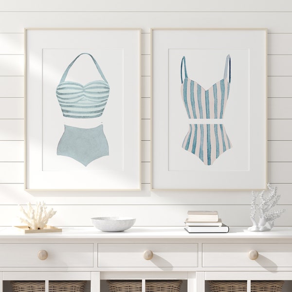 Vintage Swimsuit Prints, Bathing Suit art, Set of 2, Beach House Decor, Swimsuit Wall Art, Beach Bathroom Art, Retro Swimsuit, Printable Art