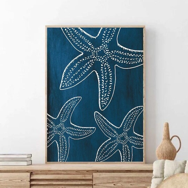 Starfish Wall Art, Boho Beach Decor, Modern Beach Art, Navy Blue Prints, Coastal Beach House , Beach Printable, Ocean art, Instant Download