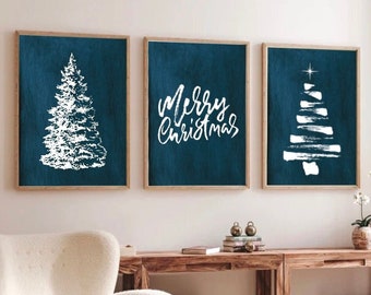 Blue Christmas Wall Art, Set of 3 Prints, Christmas Printable, Coastal Christmas, Christmas Tree Prints, Beach Art, Downloadable