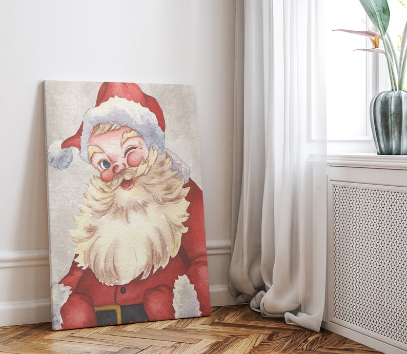 May include: A vintage-style illustration of Santa Claus with a white beard and red suit, winking and smiling. The background is a light beige color.