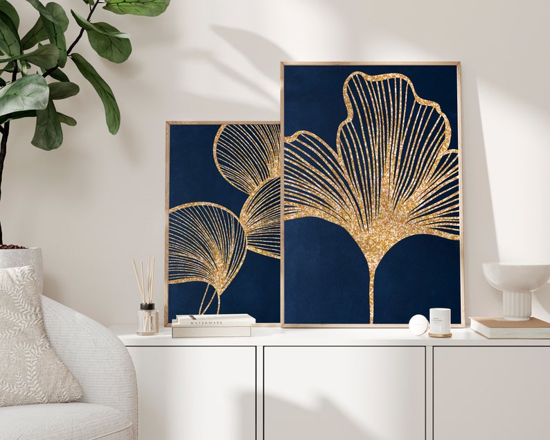 Navy Blue and Gold Wall Art Set of 2 Prints Botanical Art Etsy
