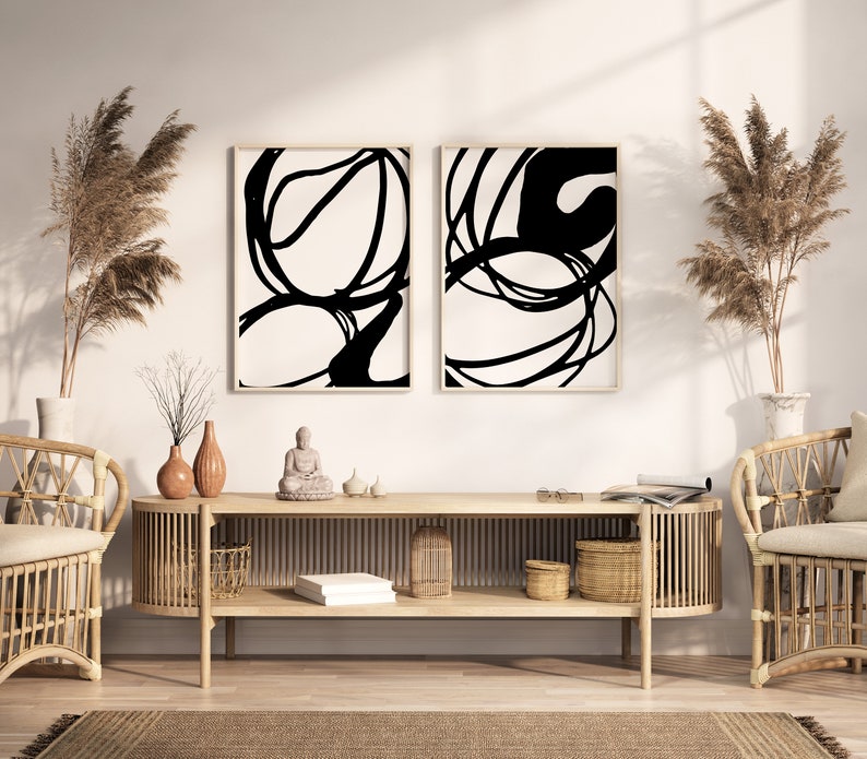 Black Abstract Art Set of 2 Black and White Prints Modern Etsy
