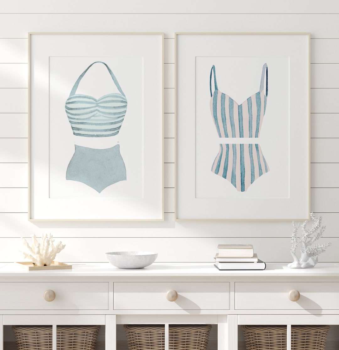 Vintage Swimsuit Prints, Bathing Suit Art, Set of 2, Beach House Decor