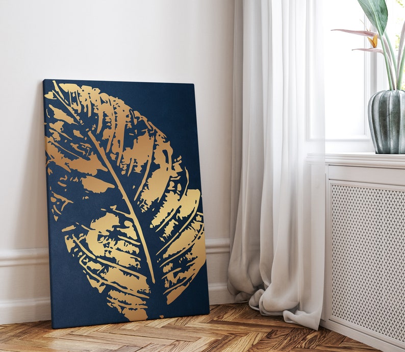 Navy Blue and Gold Wall Art, Gold Leaf Print, Botanical Leaves Art ...