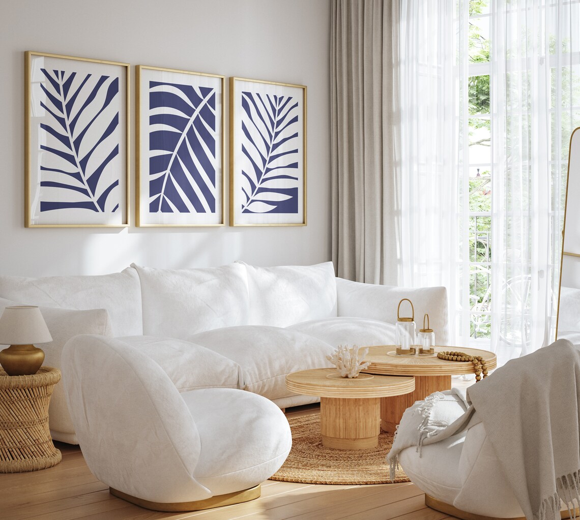 Blue and White Wall Art, Set of 3 Prints, Botanical Leaves Art, Floral ...