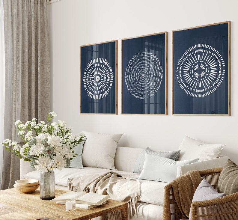 Navy Blue Abstract Wall Art Indigo Blue Prints 3 Piece Set Etsy