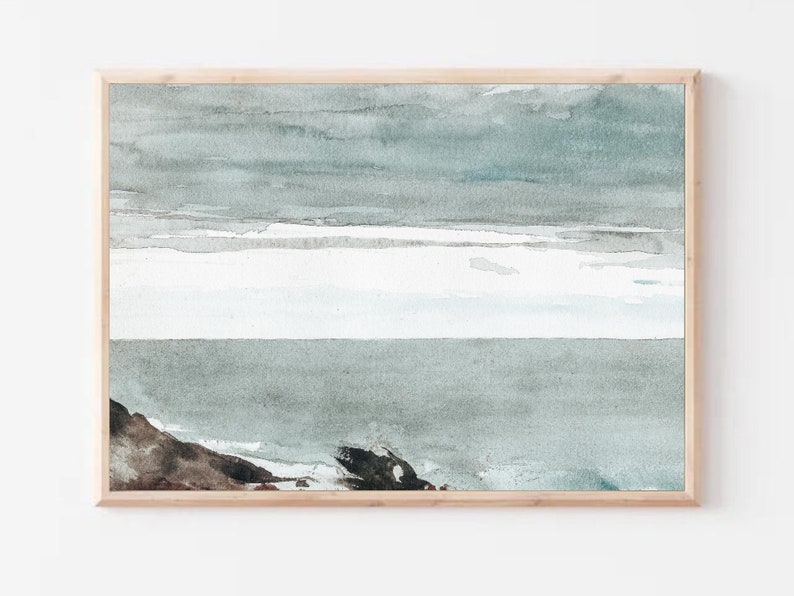 Puede incluir: Una pintura de acuarela de un paisaje mar&iacute;timo con un cielo nublado y un oc&eacute;ano tranquilo. El cielo es de color azul claro con nubes blancas, y el oc&eacute;ano es de color azul oscuro con algunas olas blancas.